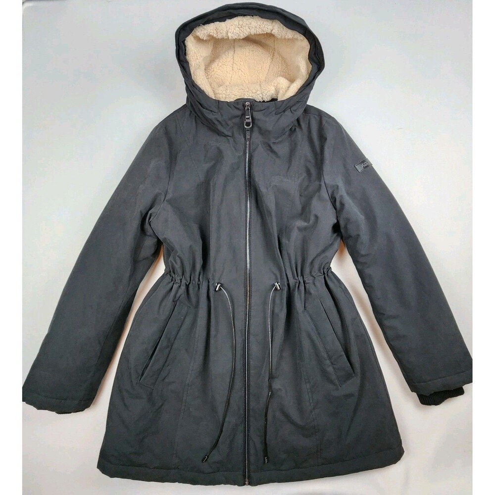 DKNY Black Hooded Parka Womens L Anorak Utility Drawstring Waist Insulated